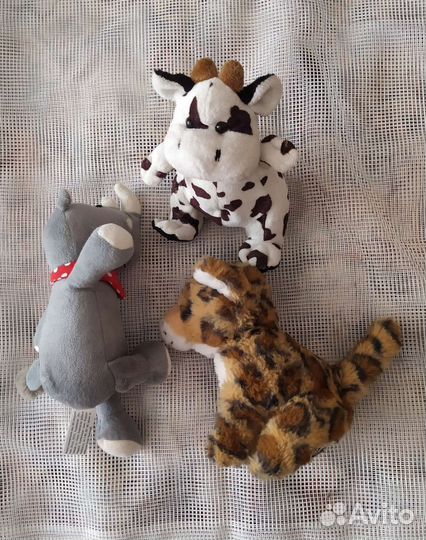 Мягкие игрушки. Носорог. Корова. Леопард