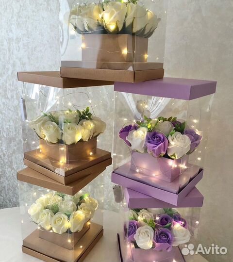 Коробка мыльных роз с подсветкой