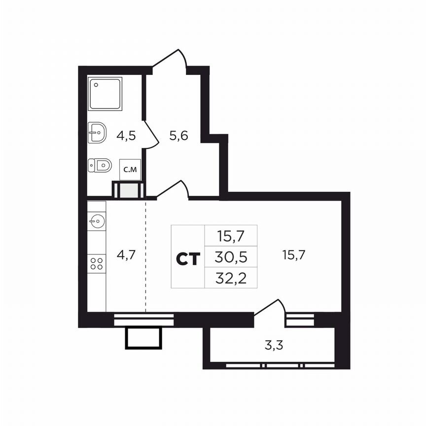 Квартира-студия, 33,5 м², 3/9 эт.