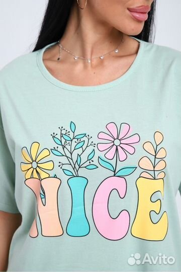 Костюм женский голубой, цветы, большие размеры