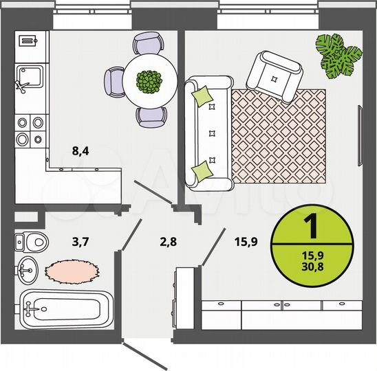 1-к. квартира, 30,8 м², 1/3 эт.
