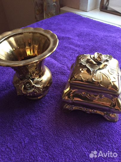 Шкатулка+вазочка керамика под золото. СССР