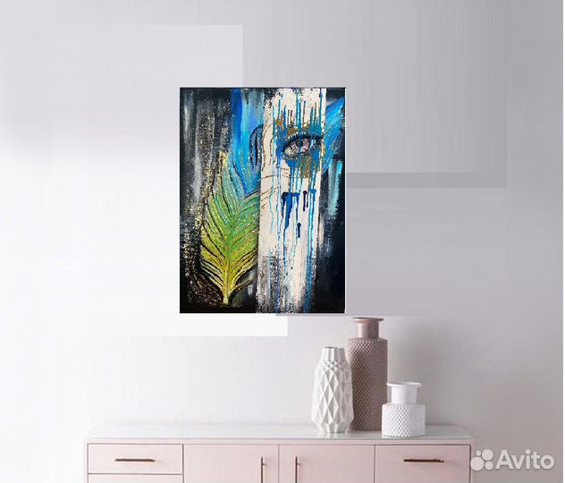 Картина Перо Павлина маслом на холсте ручная работ