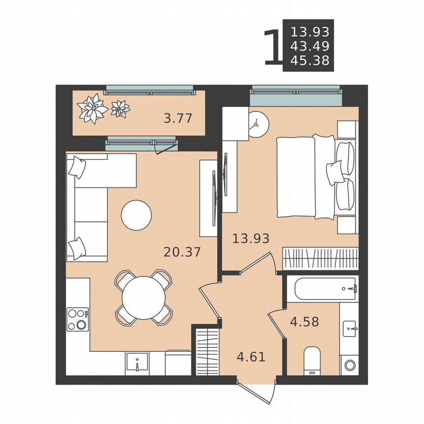 1-к. квартира, 45,4 м², 1/6 эт.