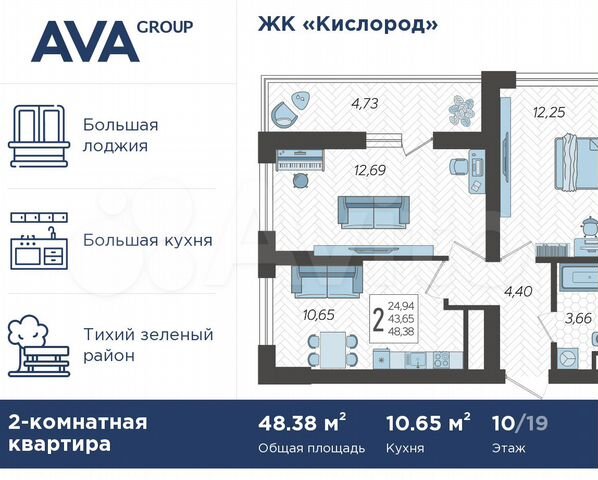 2-к. квартира, 48,4 м², 10/19 эт.