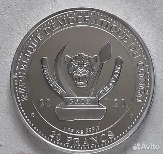 Конго дикий мир 20 франков серебро