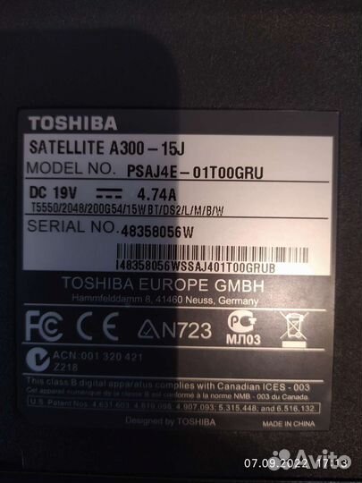 Ноутбук Toshiba satellite A 300 15 j