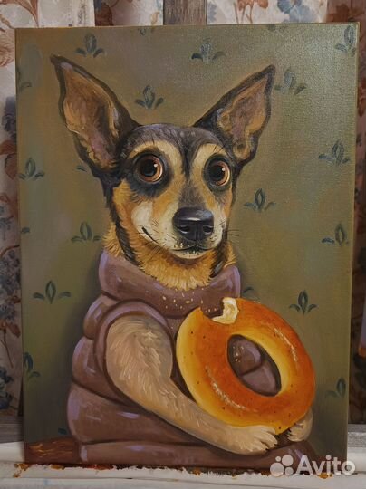 Картина собачка с бубликом