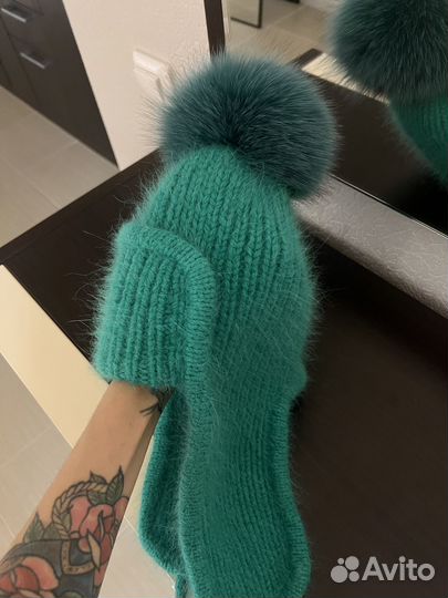 Шапка ушанка ангора вязаная ручная работа