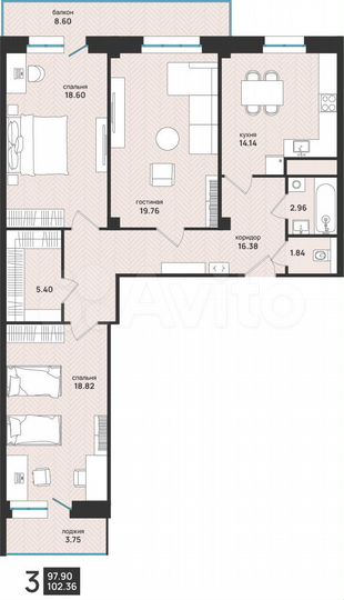 3-к. квартира, 102,4 м², 5/15 эт.