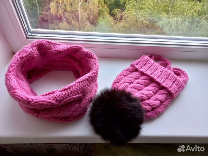 Детская вязаная шапка с помпоном, снуд