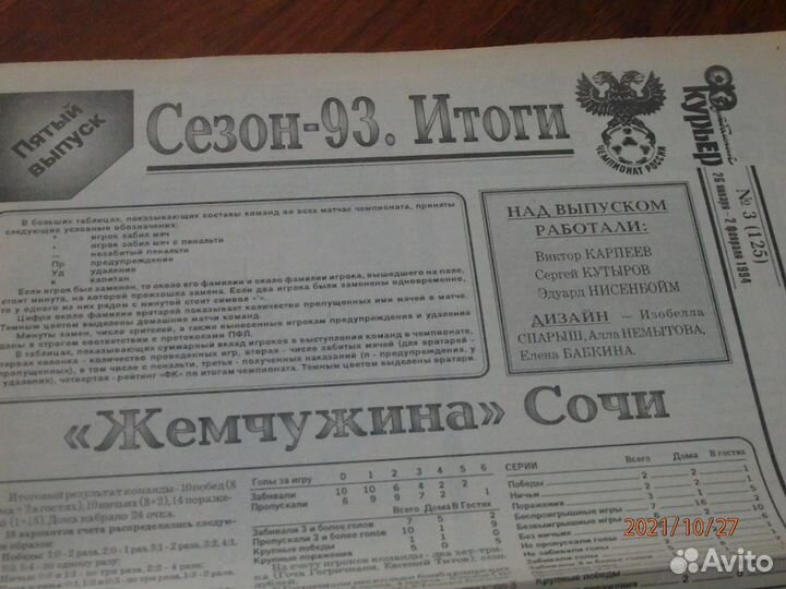 Футбольный курьер. Итоговые выпуски 1993 год