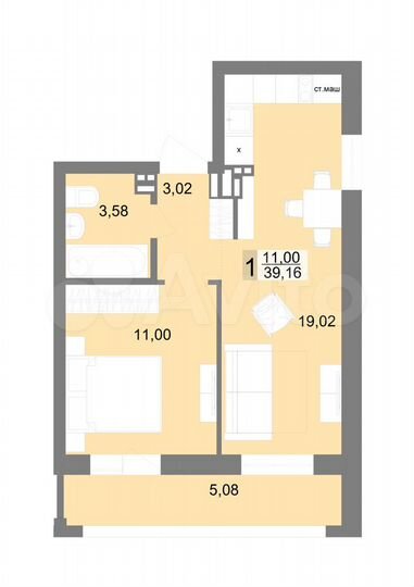 1-к. квартира, 39,2 м², 9/16 эт.