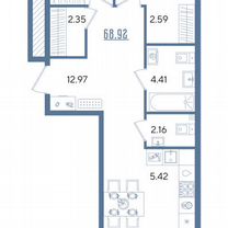 2-к. квартира, 68,9 м², 3/13 эт.