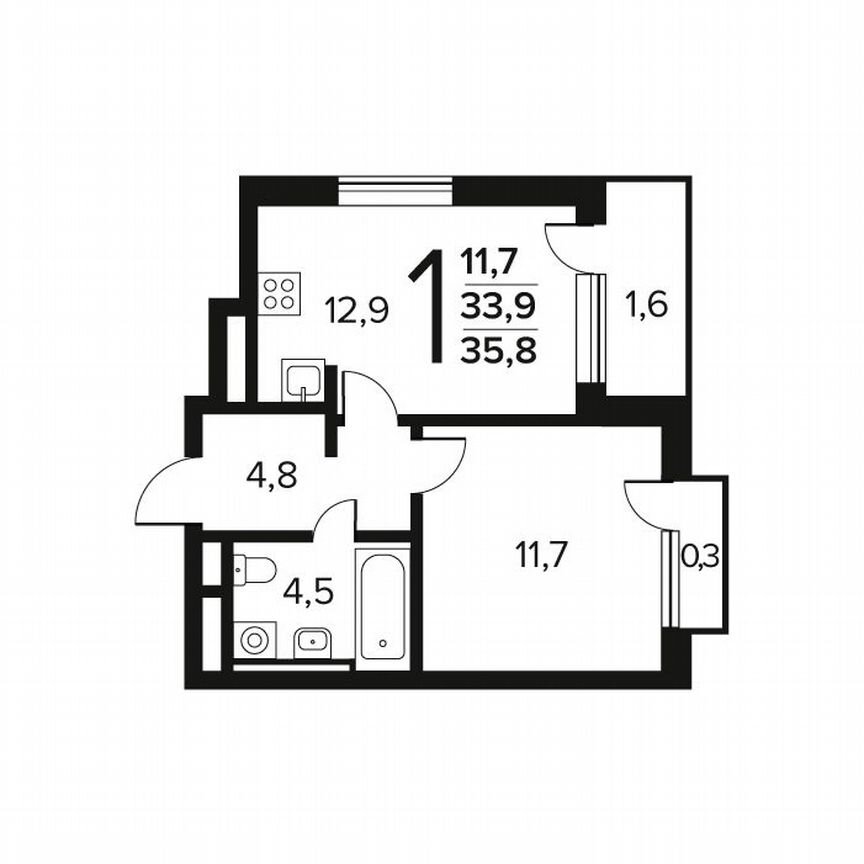 1-к. квартира, 35,8 м², 4/9 эт.