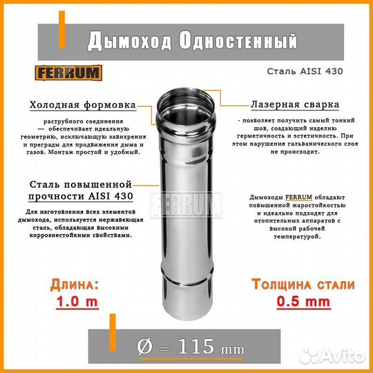 Дымоход 115 d, 100 см/0.5 мм