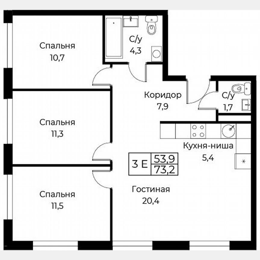 3-к. апартаменты, 73,2 м², 24/30 эт.
