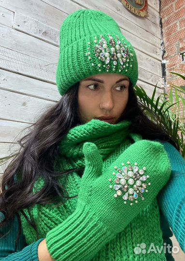 Женская шапка шарф и варежки Комплект 3 в 1