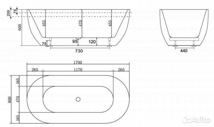 Ванна отдельностоящая акриловая BB70-1700-800, размер 170х80х60 см