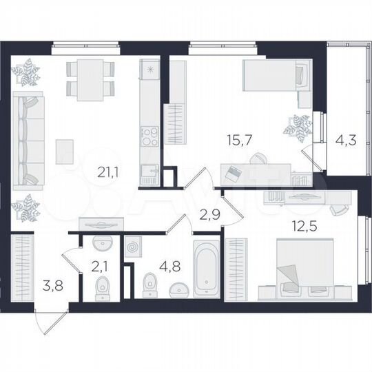 2-к. квартира, 64,5 м², 2/25 эт.