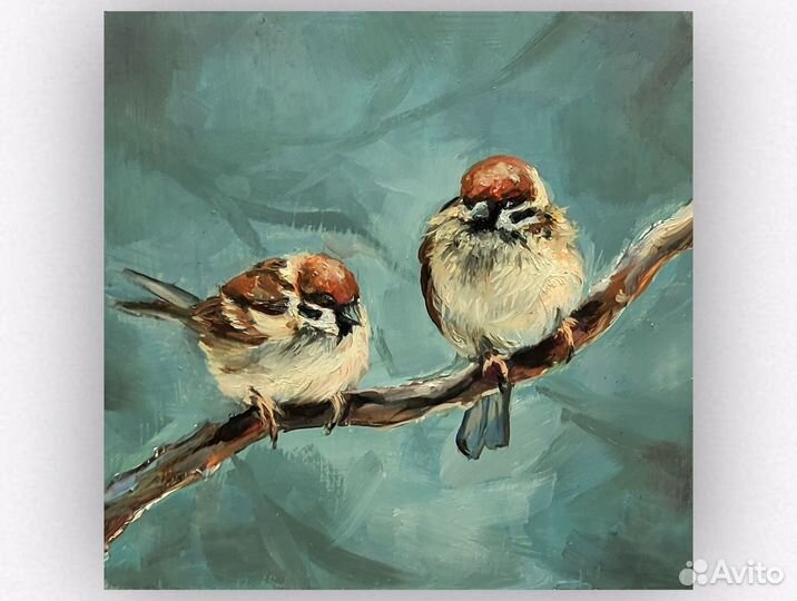 Картина маслом с птицами.Воробушки.20х20 см