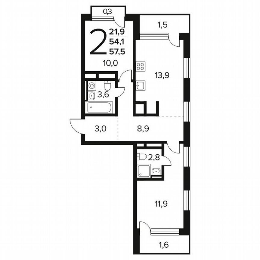 2-к. квартира, 57,5 м², 7/14 эт.