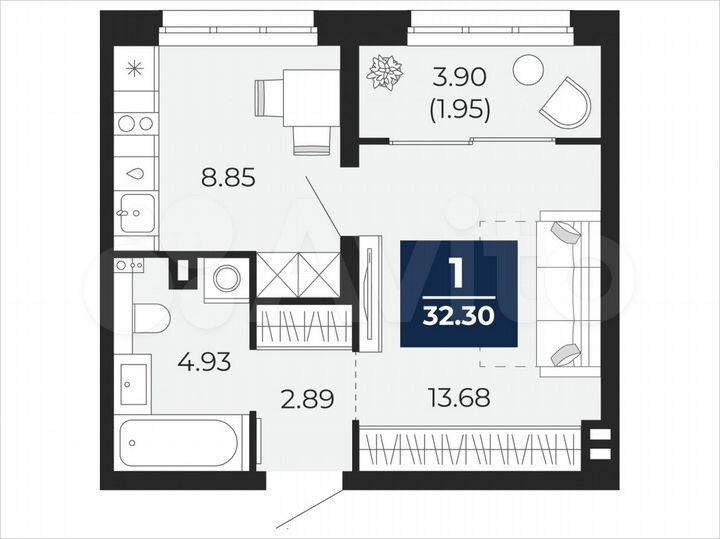 1-к. квартира, 32,3 м², 2/22 эт.