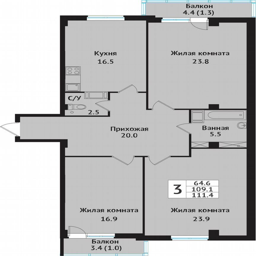 3-к. квартира, 116,5 м², 5/10 эт.