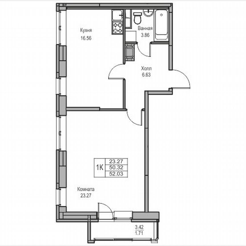 1-к. квартира, 52 м², 8/23 эт.