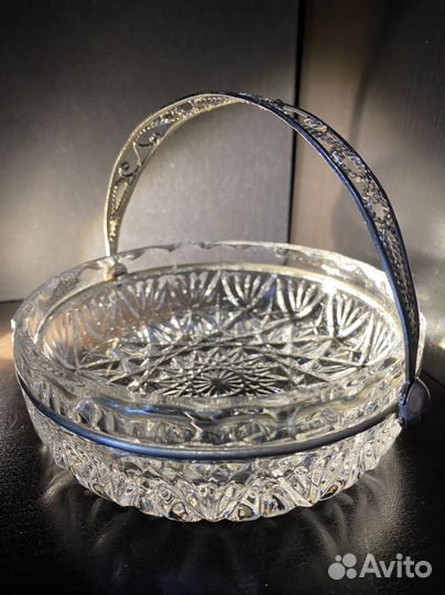 Хрустальная конфетница вазочка СССР мельхиор