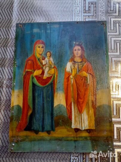 Старинная икона Богородица и Варвара,доска,масло