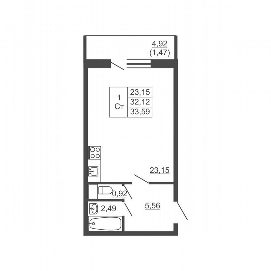 Квартира-студия, 33,6 м², 12/16 эт.