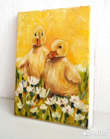 Картина маслом утята на холсте 15х20 см
