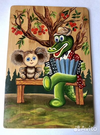 Гена и Чебурашка. Разделочная доска ручной работы