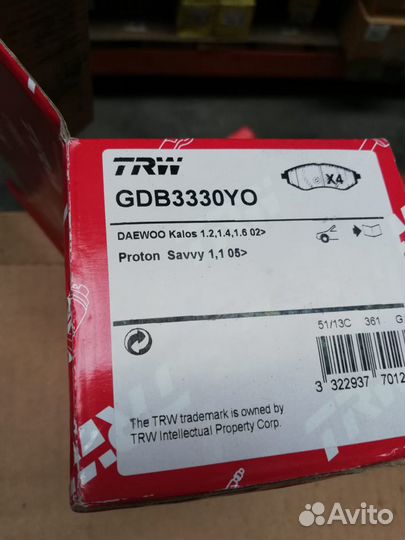 Колодки тормозные TRW Chevrolet Aveo GDB3330