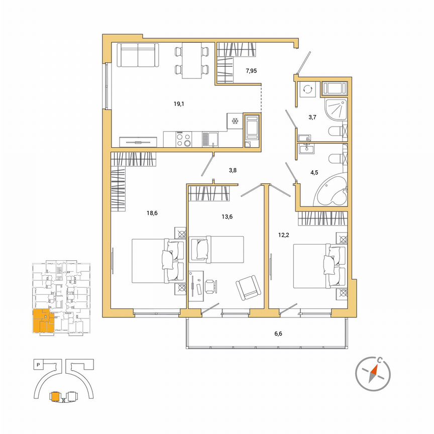 3-к. квартира, 85,4 м², 13/25 эт.