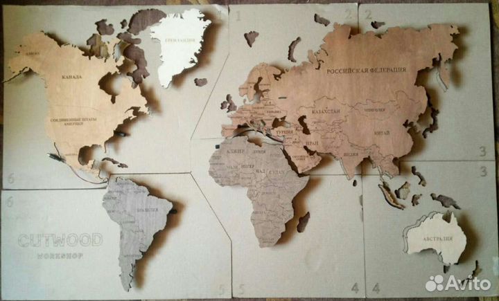 Карта Мира из шпона березы без подложки с подсветк