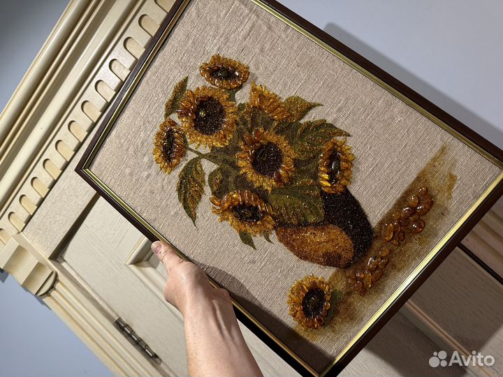 Старинное Панно картина на холсте янтарь