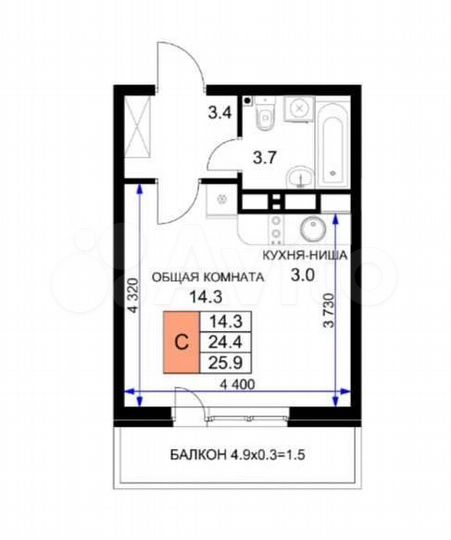 Квартира-студия, 26,5 м², 12/16 эт.