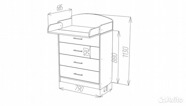 Комод пеленальный кп-1, 1130х800х450, 4 ящика