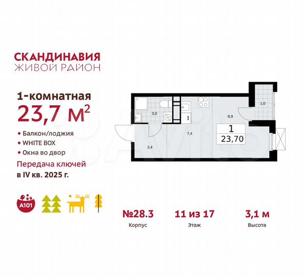 Квартира-студия, 23,7 м², 11/17 эт.