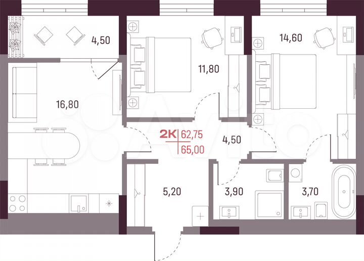 2-к. квартира, 62,8 м², 2/25 эт.