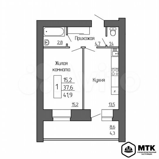 1-к. квартира, 41,9 м², 6/8 эт.