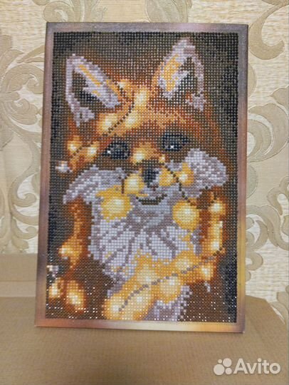 Алмазная мозаика новогодняя лиса собранная