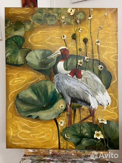 Картина маслом с журавлями на холсте
