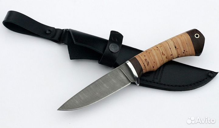 Нож Жерех сталь дамаск, рукоять береста
