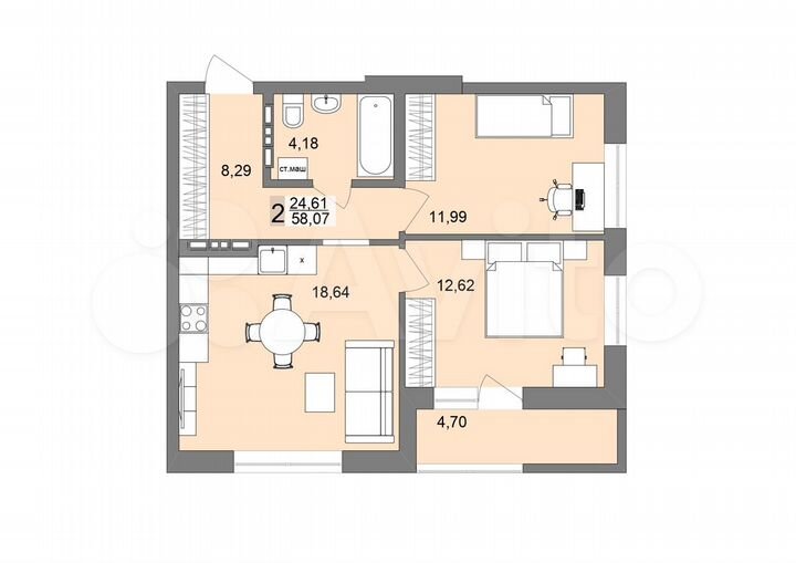 2-к. квартира, 58,1 м², 8/19 эт.