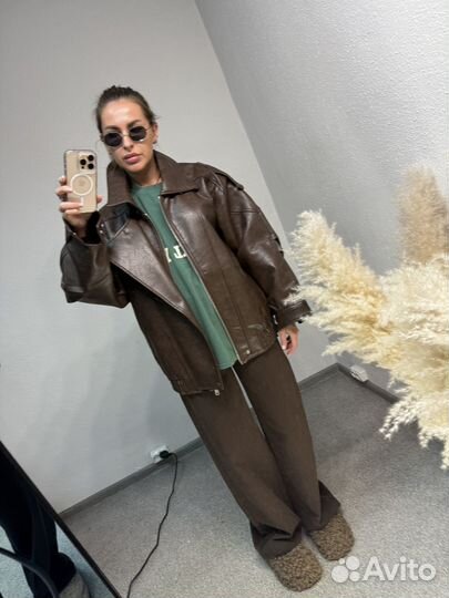 Кожаный бомбер утепленный женский Корея