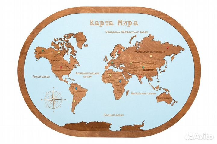 Деревянная карта Мира, России, любого региона