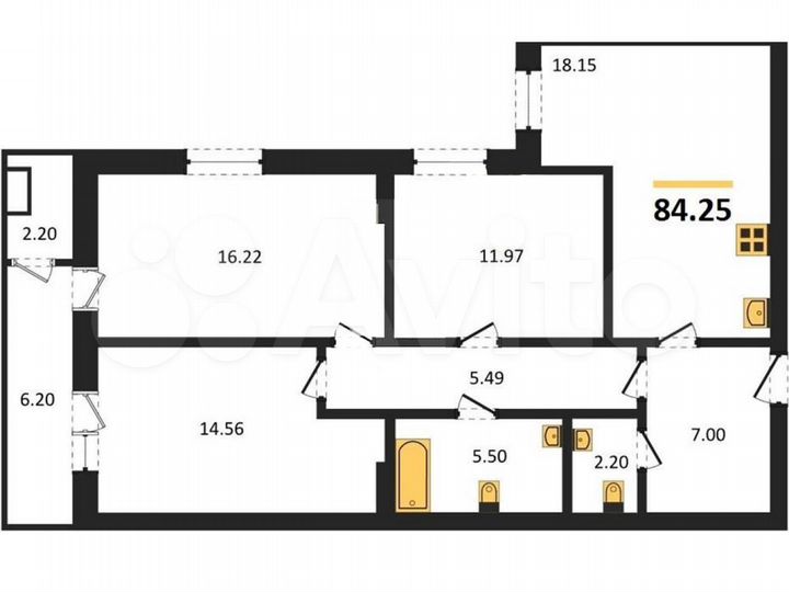 3-к. квартира, 84,3 м², 15/25 эт.